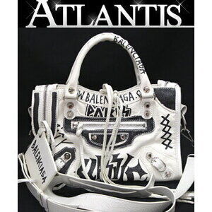 Balenciaga City bag shoulder graffiti leather black white